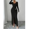 image:imageGORGLITTER Womens Birthday Wrap Asymmetrical Bodycon Midi Dress Neck Long Sleeve Side Slit Elegant Pencil Maxi DressesBlack