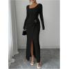 image:imageGORGLITTER Womens Birthday Wrap Asymmetrical Bodycon Midi Dress Neck Long Sleeve Side Slit Elegant Pencil Maxi DressesBlack