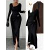 image:imageGORGLITTER Womens Birthday Wrap Asymmetrical Bodycon Midi Dress Neck Long Sleeve Side Slit Elegant Pencil Maxi DressesBlack