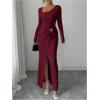 image:imageGORGLITTER Womens Birthday Wrap Asymmetrical Bodycon Midi Dress Neck Long Sleeve Side Slit Elegant Pencil Maxi DressesBurgundy