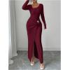 image:imageGORGLITTER Womens Birthday Wrap Asymmetrical Bodycon Midi Dress Neck Long Sleeve Side Slit Elegant Pencil Maxi DressesBurgundy