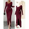 image:imageGORGLITTER Womens Birthday Wrap Asymmetrical Bodycon Midi Dress Neck Long Sleeve Side Slit Elegant Pencil Maxi DressesBurgundy
