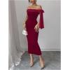 image:imageGORGLITTER Womens Bow Graduation Birthday Maxi Dress Elegant Summer Off Shoulder Wedding Guest Dinner Tea Party DressBurgundy