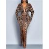 image:imageGORGLITTER Womens Cheetah Print Prom Formal Dress Deep V Neck High Slit Long Sleeve Cocktail Birthday Party DressesGold