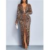 image:imageGORGLITTER Womens Cheetah Print Prom Formal Dress Deep V Neck High Slit Long Sleeve Cocktail Birthday Party DressesGold