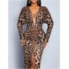 image:imageGORGLITTER Womens Cheetah Print Prom Formal Dress Deep V Neck High Slit Long Sleeve Cocktail Birthday Party DressesGold