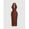image:imageGORGLITTER Womens Cowl Neck Bodycon Midi Dresses Halter Sleeveless Twist Front Open Back Pencil Cocktail Birthday DressesBrown