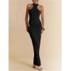 image:imageGORGLITTER Womens Cut Out Ruched Wrap Bodycon Maxi Dress Sleeveless Halter Going Out Cocktail Long DressesBlack
