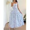 image:imageGORGLITTER Womens Floral Bow Tie Shoulder Maxi Dress Smocked Tiered Ruffle Sundress Boho Casual Beach Long DressesBlue and White