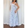image:imageGORGLITTER Womens Floral Bow Tie Shoulder Maxi Dress Smocked Tiered Ruffle Sundress Boho Casual Beach Long DressesBlue and White