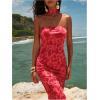image:imageGORGLITTER Womens Floral Mesh Strapless Bodycon Maxi Dresses Halter Backless Wedding Guest Long Tube Dress with ScarfRed