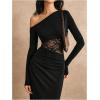 image:imageGORGLITTER Womens Lace Asymmetrical Neck Patchwork Maxi Dresses Fall One Shoulder Long Sleeve Vegas Dinner Club DressBlack