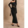 image:imageGORGLITTER Womens Lace Asymmetrical Neck Patchwork Maxi Dresses Fall One Shoulder Long Sleeve Vegas Dinner Club DressBlack