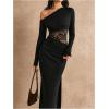 image:imageGORGLITTER Womens Lace Asymmetrical Neck Patchwork Maxi Dresses Fall One Shoulder Long Sleeve Vegas Dinner Club DressBlack