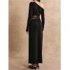 image:imageGORGLITTER Womens Lace Asymmetrical Neck Patchwork Maxi Dresses Fall One Shoulder Long Sleeve Vegas Dinner Club DressBlack
