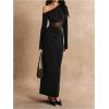 image:imageGORGLITTER Womens Lace Asymmetrical Neck Patchwork Maxi Dresses Fall One Shoulder Long Sleeve Vegas Dinner Club DressBlack