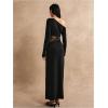 image:imageGORGLITTER Womens Lace Asymmetrical Neck Patchwork Maxi Dresses Fall One Shoulder Long Sleeve Vegas Dinner Club DressBlack Lace