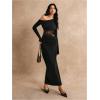image:imageGORGLITTER Womens Lace Asymmetrical Neck Patchwork Maxi Dresses Fall One Shoulder Long Sleeve Vegas Dinner Club DressBlack Lace