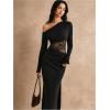 image:imageGORGLITTER Womens Lace Asymmetrical Neck Patchwork Maxi Dresses Fall One Shoulder Long Sleeve Vegas Dinner Club DressBlack Lace