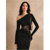 image:imageGORGLITTER Womens Lace Asymmetrical Neck Patchwork Maxi Dresses Fall One Shoulder Long Sleeve Vegas Dinner Club DressBlack Lace