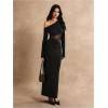 image:imageGORGLITTER Womens Lace Asymmetrical Neck Patchwork Maxi Dresses Fall One Shoulder Long Sleeve Vegas Dinner Club DressBlack Lace