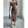 image:imageGORGLITTER Womens Leopard Cheetah Print Dress Animal Cocktail Birthday Going Out Club Long Sleeve Y2K Ruched Slit DressesBrown