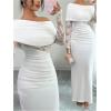 image:imageGORGLITTER Womens Long Sleeve Lace Off Shoulder Bodycon Dress Ruched Wedding Guest Bridesmaid Cocktail Maxi DressesWhite