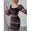 image:imageGORGLITTER Womens Mesh Bodycon Dress Cocktail Wedding Guest Formal Tie Dye Lantern Sleeve Ruched Midi DressesMulticolor