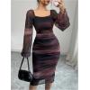 image:imageGORGLITTER Womens Mesh Bodycon Dress Cocktail Wedding Guest Formal Tie Dye Lantern Sleeve Ruched Midi DressesMulticolor