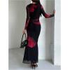 image:imageGORGLITTER Womens Mesh Long Sleeve Maxi Dress Floral Tie Dye Crewneck Bodycon Fall Cocktail Party DressesBlack