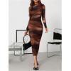 image:imageGORGLITTER Womens Mesh Mock Neck Bodycon Midi Dress Tie Dye Long Sleeve Ruched Birthday Pencil Long Dresses OutfitsMulticolor