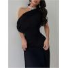 image:imageGORGLITTER Womens Mesh Off The Shoulder Midi Dress Formal Prom Wedding Guest Dress Ruched Sleeveless Slit Long DressesBlack