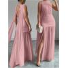 image:imageGORGLITTER Womens Mesh Sheer Halter Maxi Dress Birthday Wedding Guest Dress Ruched Backless Slit Prom Cocktail DressesPink