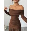 image:imageGORGLITTER Womens Off The Shoulder Bodycon Maxi Dress Ruched Long Sleeve Slit Cocktail Party Pencil Birthday DressesCoffee Brown