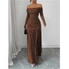 image:imageGORGLITTER Womens Off The Shoulder Bodycon Maxi Dress Ruched Long Sleeve Slit Cocktail Party Pencil Birthday DressesCoffee Brown