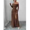 image:imageGORGLITTER Womens Off The Shoulder Bodycon Maxi Dress Ruched Long Sleeve Slit Cocktail Party Pencil Birthday DressesCoffee Brown