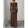 image:imageGORGLITTER Womens Off The Shoulder Bodycon Maxi Dress Ruched Long Sleeve Slit Cocktail Party Pencil Birthday DressesCoffee Brown
