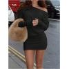 image:imageGORGLITTER Womens Off the Shoulder Sweater Mini Dress Long Sleeve Asymmetrical Neck Fall Skinny Short Dresses 2025Black