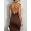 image:imageGORGLITTER Womens Open Backless Wedding Guest Dress Ruch Sleeveless Ribbed Bodycon Halter Maxi DressesBrown