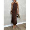 image:imageGORGLITTER Womens Open Backless Wedding Guest Dress Ruch Sleeveless Ribbed Bodycon Halter Maxi DressesBrown