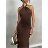 image:imageGORGLITTER Womens Open Backless Wedding Guest Dress Ruch Sleeveless Ribbed Bodycon Halter Maxi DressesBrown