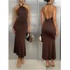 image:imageGORGLITTER Womens Open Backless Wedding Guest Dress Ruch Sleeveless Ribbed Bodycon Halter Maxi DressesBrown