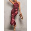 image:imageGORGLITTER Womens Open Backless Wedding Guest Dress Ruch Sleeveless Ribbed Bodycon Halter Maxi DressesBrown Floral