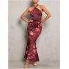 image:imageGORGLITTER Womens Open Backless Wedding Guest Dress Ruch Sleeveless Ribbed Bodycon Halter Maxi DressesBrown Floral