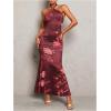 image:imageGORGLITTER Womens Open Backless Wedding Guest Dress Ruch Sleeveless Ribbed Bodycon Halter Maxi DressesBrown Floral