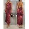 image:imageGORGLITTER Womens Open Backless Wedding Guest Dress Ruch Sleeveless Ribbed Bodycon Halter Maxi DressesBrown Floral