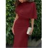 image:imageGORGLITTER Womens Ruched Draped Going Out Bodycon Maxi Dress Sheer Mock Neck Cape Elegant Classy Wedding Guest DressesRed