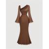 image:imageGORGLITTER Womens Ruched Long Sleeve Maxi Dress Sexy Mesh One Shoulder Asymmetrical Fishtail Birthday Dinner DressesBrown