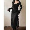 image:imageGORGLITTER Womens Square Neck Ruched Maxi Dress Fall Gothic Long Sleeve Split Cocktail Birthday Dinner Going Out DressBlack