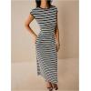 image:imageGORGLITTER Womens Striped Midi Dress Crewneck Cap Sleeve Knit Party Work Bodycon Long Dresses 2025Black and White